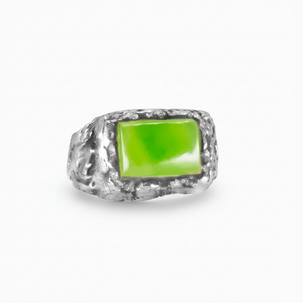 Nephrite Jade rectangular cabochon ring in textured sterling silver with bright green gemstone | MADE IN EARTH
