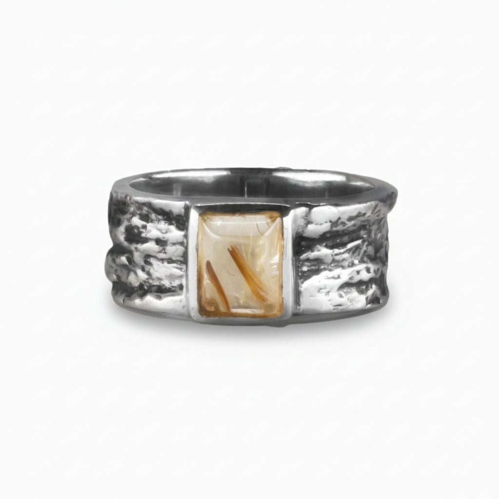 Golden Rutilated Quartz rectangular cabochon ring in textured sterling silver with visible golden rutile threads | MADE IN EARTH