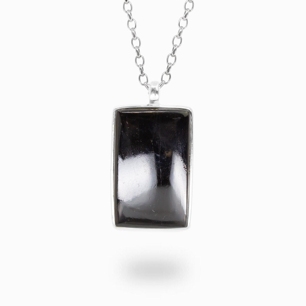 Rectangular black tourmaline cabochon necklace in sterling silver