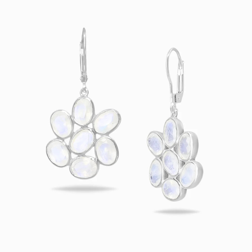 Oval Rainbow Moonstone gemstones bezel set in polished sterling silver cluster drop earrings.