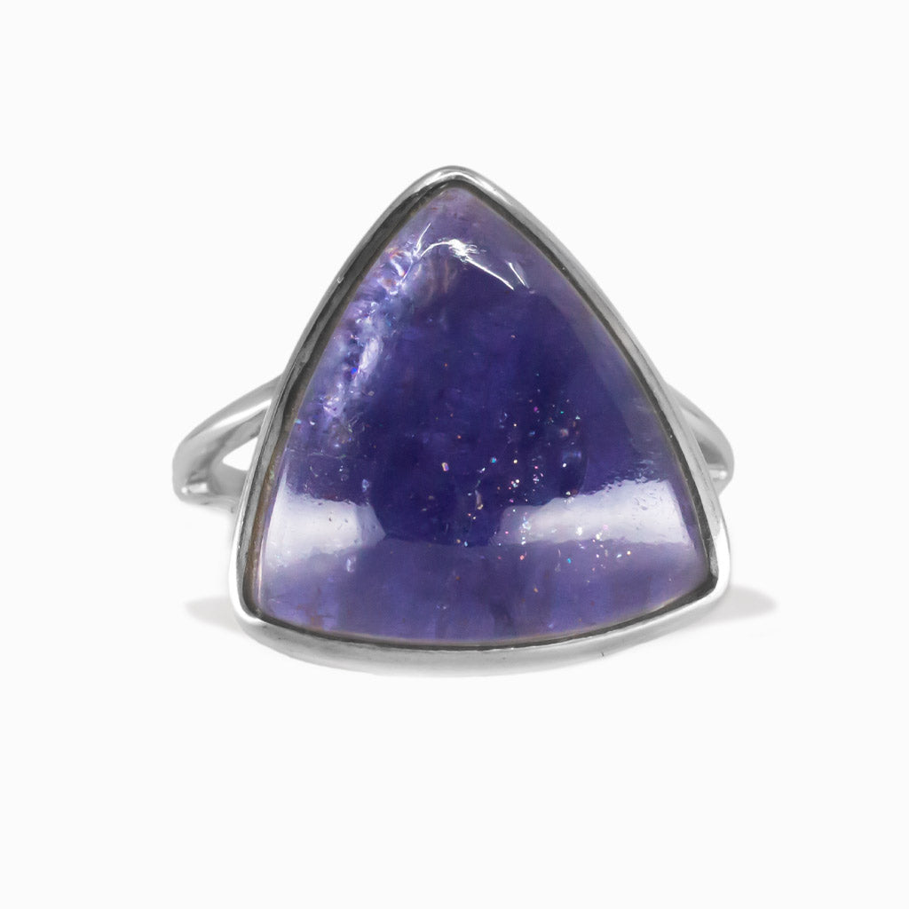 Triangle iolite cabochon ring set in sterling silver bezel with blue violet gemstone. MADE IN EARTH