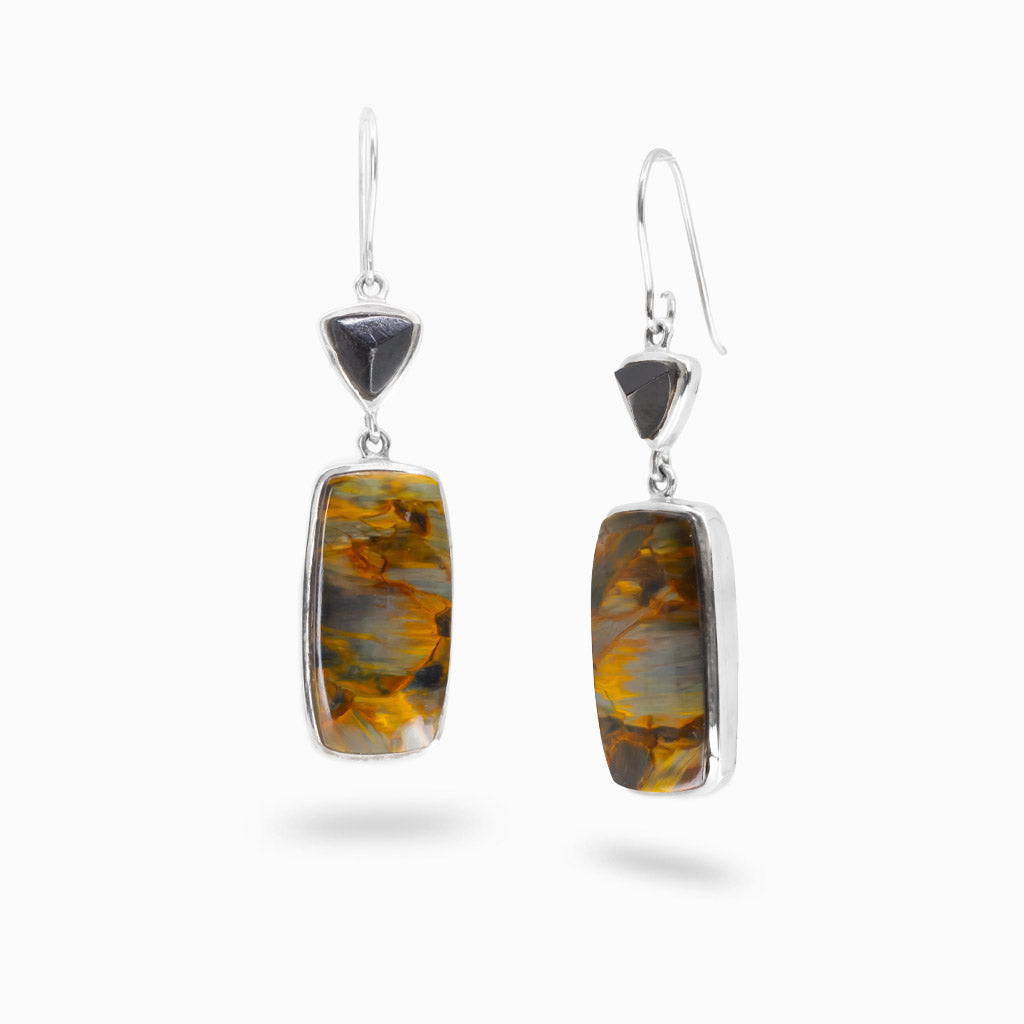 Pietersite and black tourmaline drop earrings in sterling silver