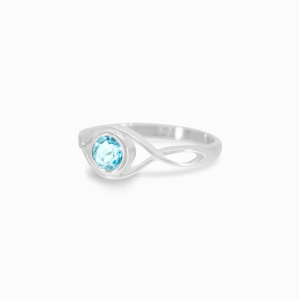 Round faceted Blue Topaz gemstone in polished sterling silver eye design ring.