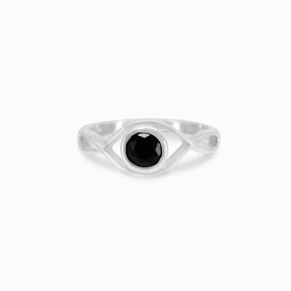 Round faceted Black Onyx gemstone in polished sterling silver eye design ring.