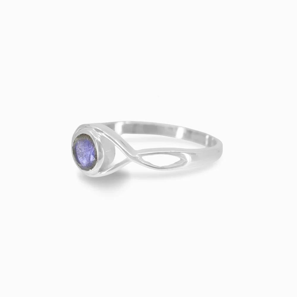 Round faceted Labradorite gemstone in polished sterling silver eye design ring.