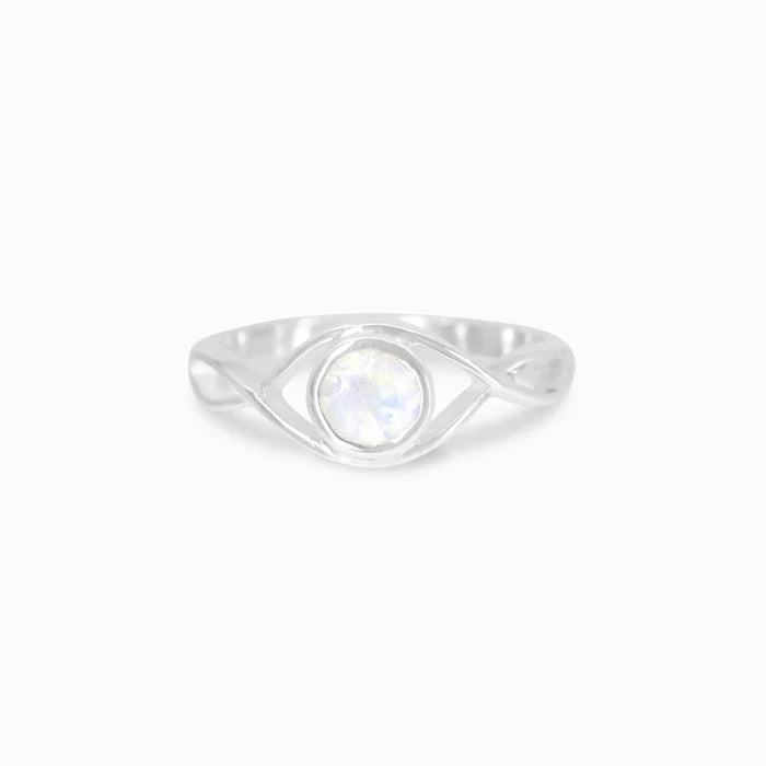 Round faceted Rainbow Moonstone gemstone in polished sterling silver eye design ring.