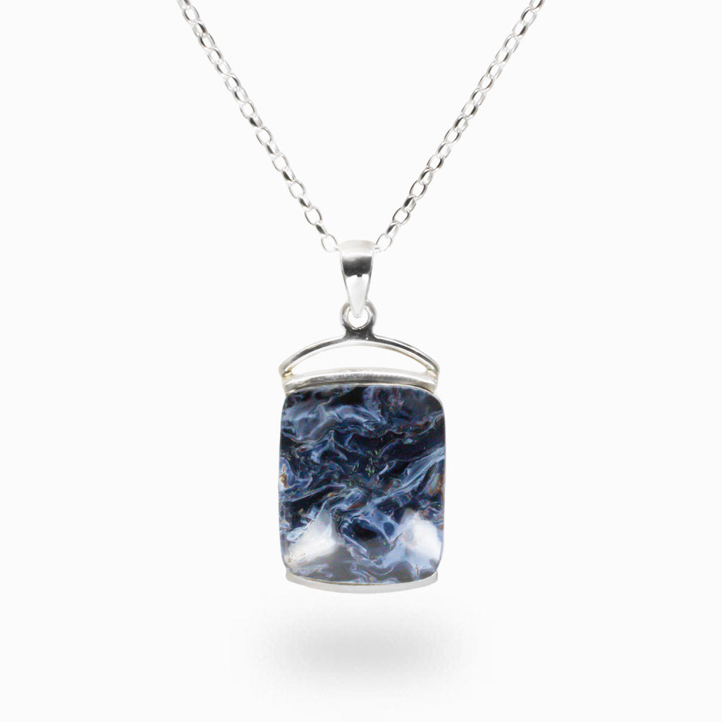Rectangle Pietersite necklace in sterling silver with deep blue and gold storm-like patterns. |  MADE IN EARTH 
