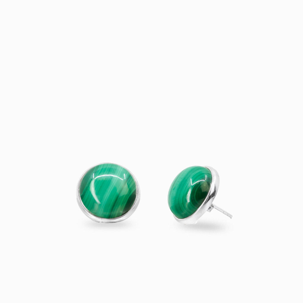 Round malachite stud earrings in sterling silver