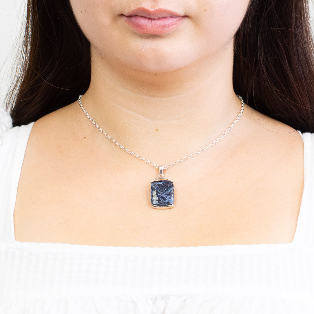 Rectangle Pietersite necklace in sterling silver with deep blue and gold storm-like patterns. |  MADE IN EARTH 