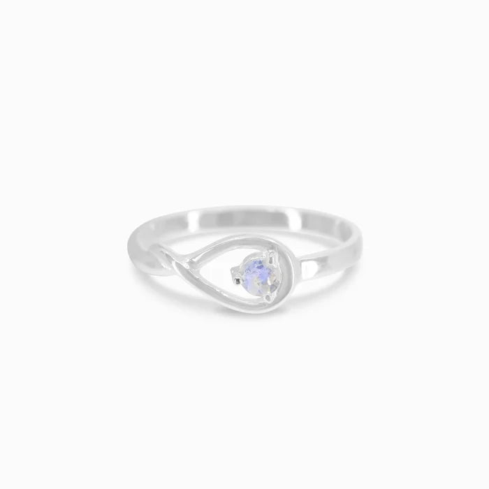Round faceted Rainbow Moonstone gemstone prong set in polished sterling silver ring.