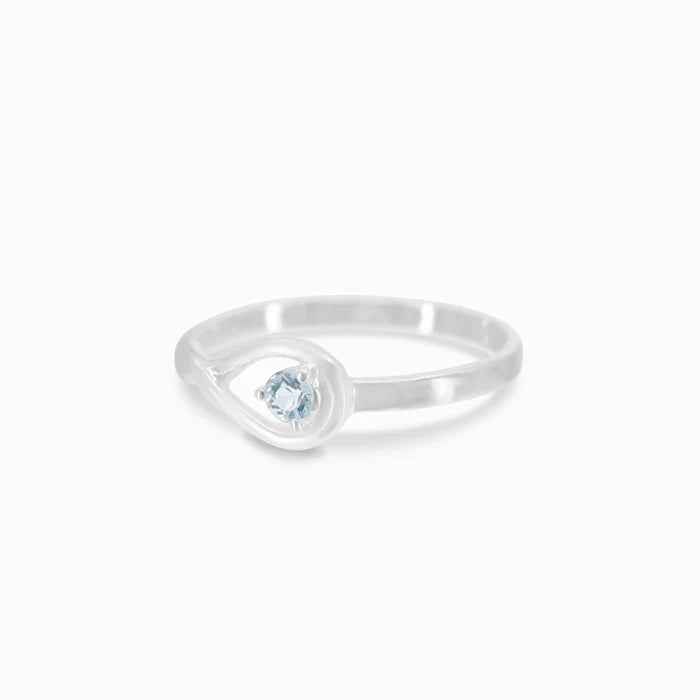 Round faceted Aquamarine gemstone prong set in polished sterling silver ring.