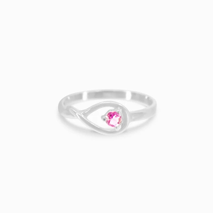 Round faceted Pink Tourmaline gemstone prong set in polished sterling silver ring.
