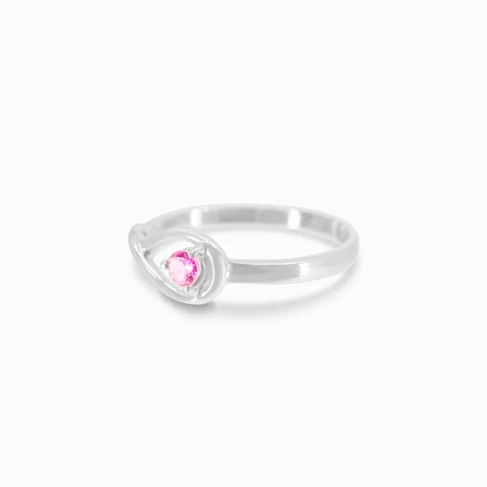 Round faceted Pink Tourmaline gemstone prong set in polished sterling silver ring.