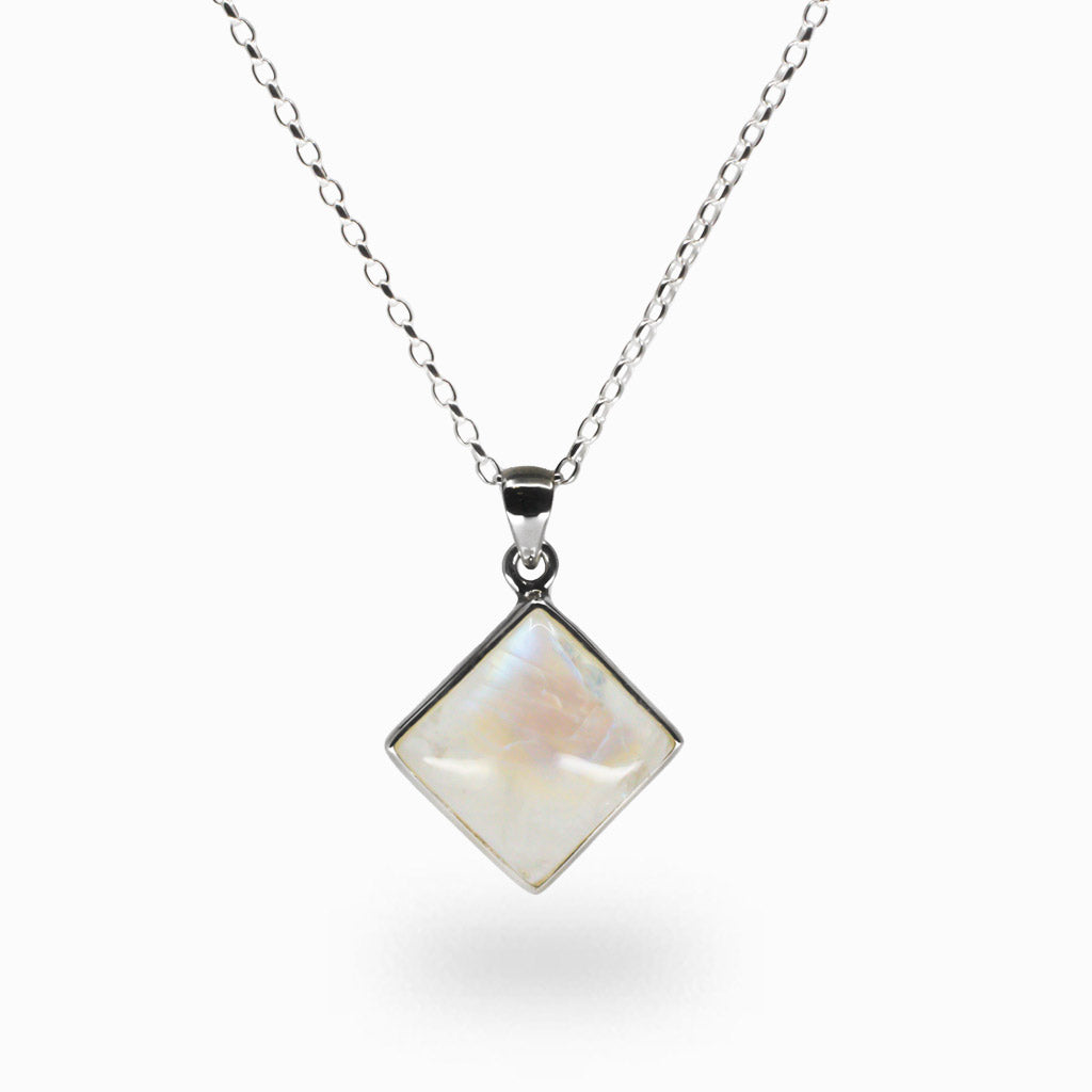rainbow moonstone square cabochon necklace sterling silver white moonstone blue flash pendant