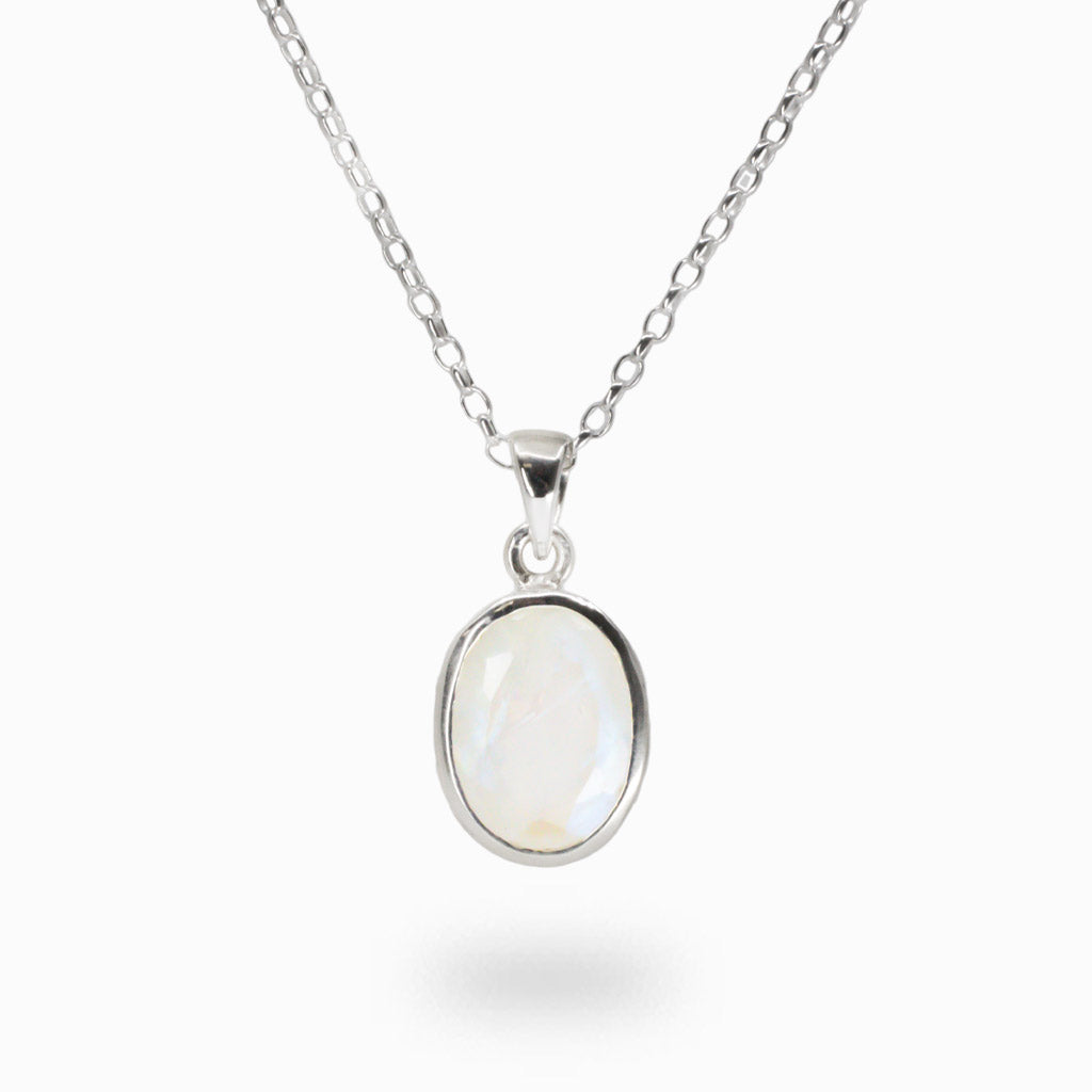 faceted rainbow moonstone necklace in sterling silver bezel 
