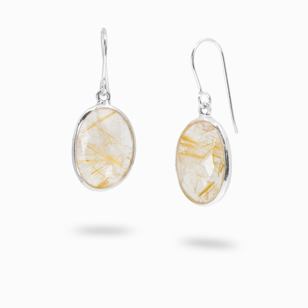 Oval golden rutilated quartz earrings in sterling silver