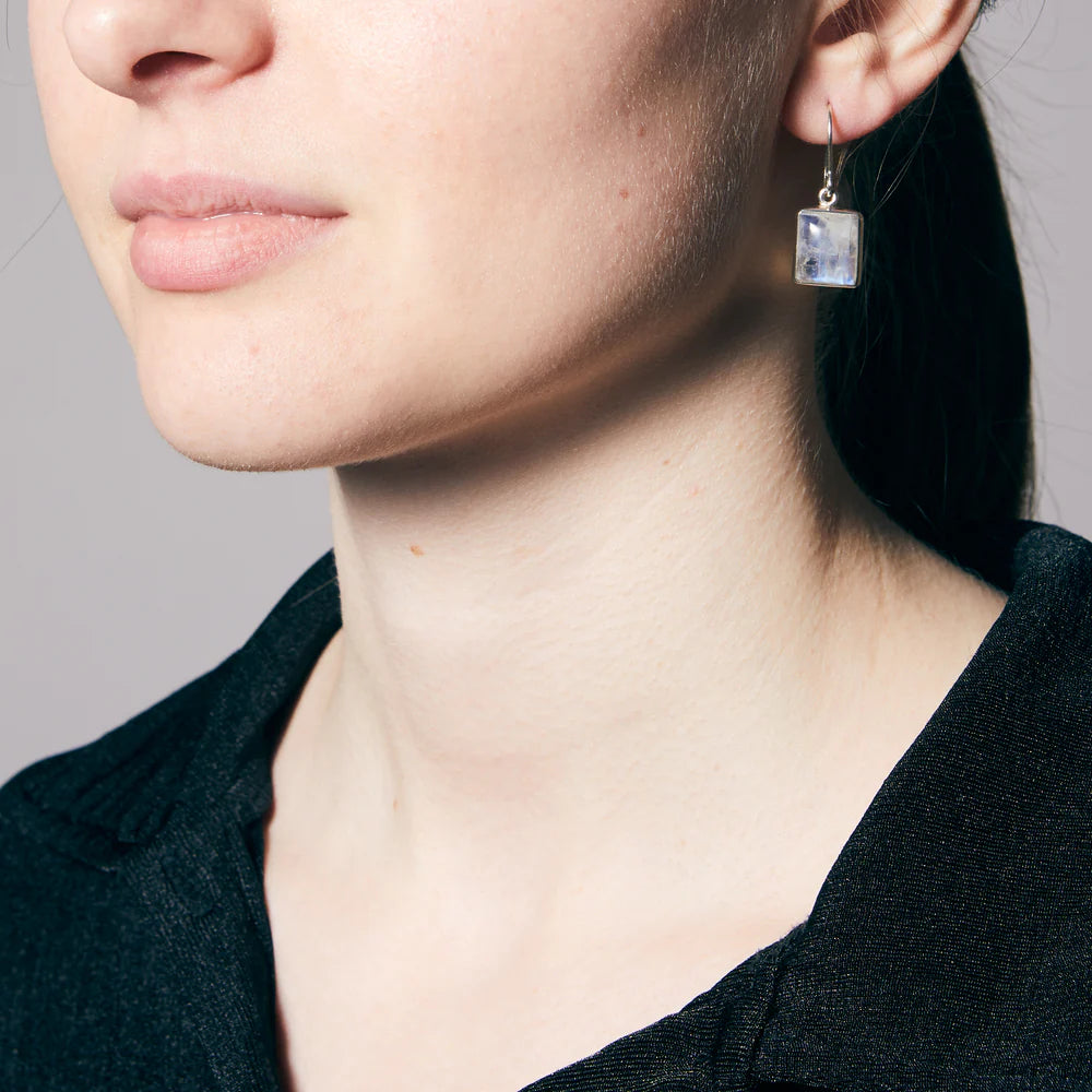 rainbow moonstone rectangle drop earrings sterling silver blue flash cabochon