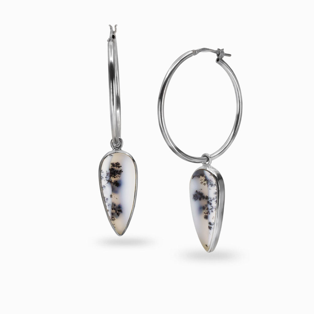teardrop dendritic opal hoop charms sterling silver cabochon gemstone earring charms dendritic opal jewelry