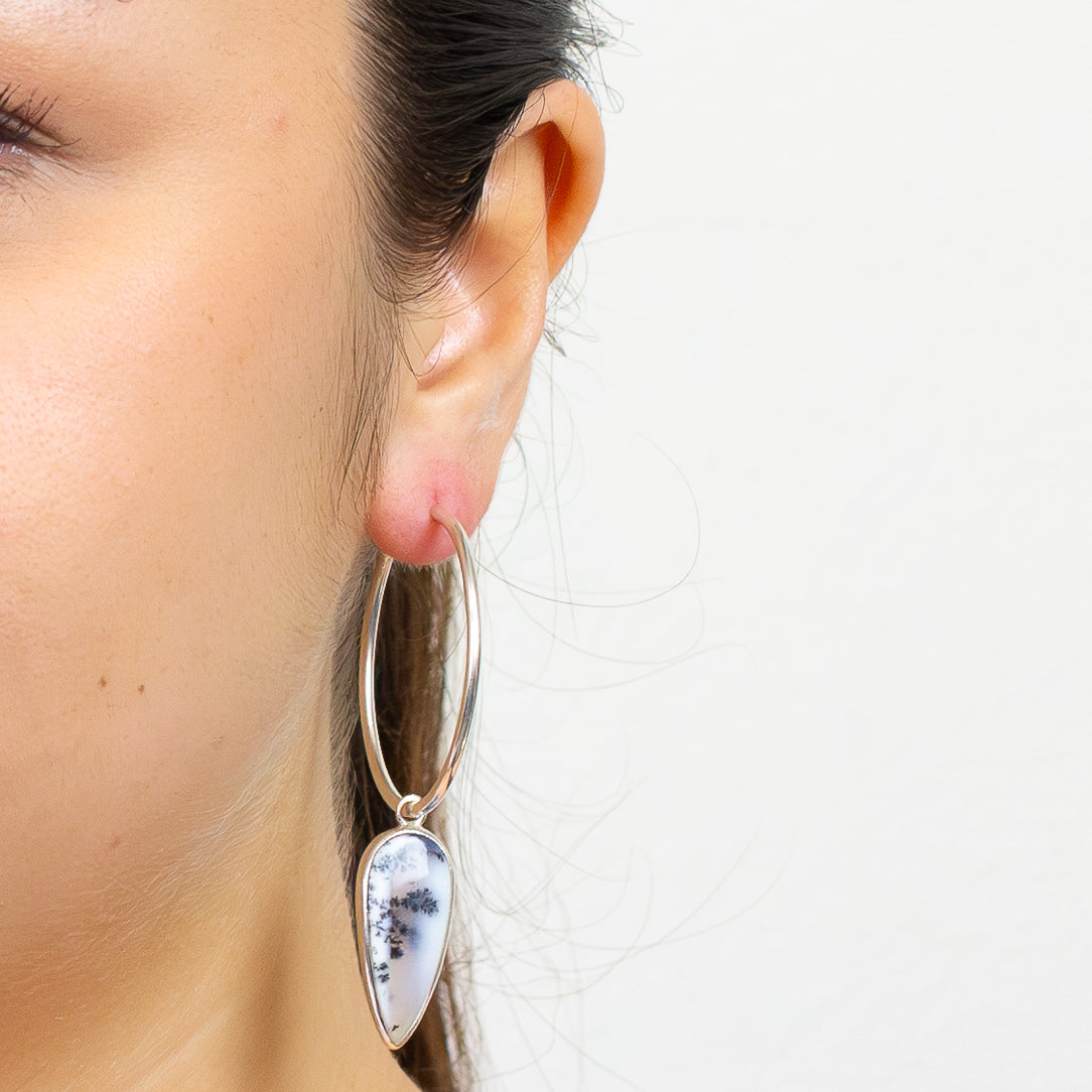 teardrop dendritic opal hoop charms sterling silver cabochon gemstone earring charms dendritic opal jewelry