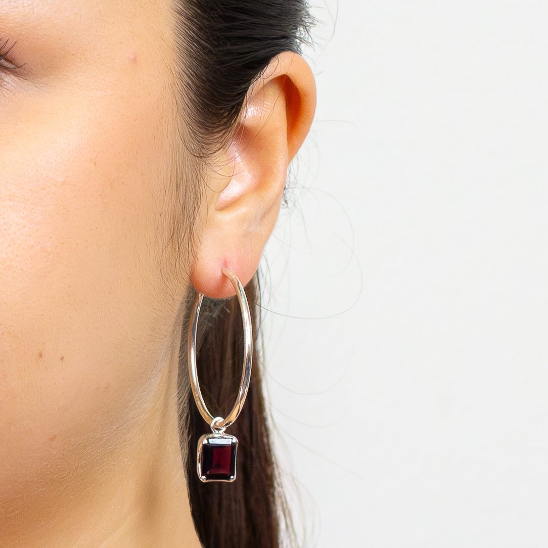 faceted rectangular garnet hoop charms sterling silver gemstone earring charms red garnet jewelry