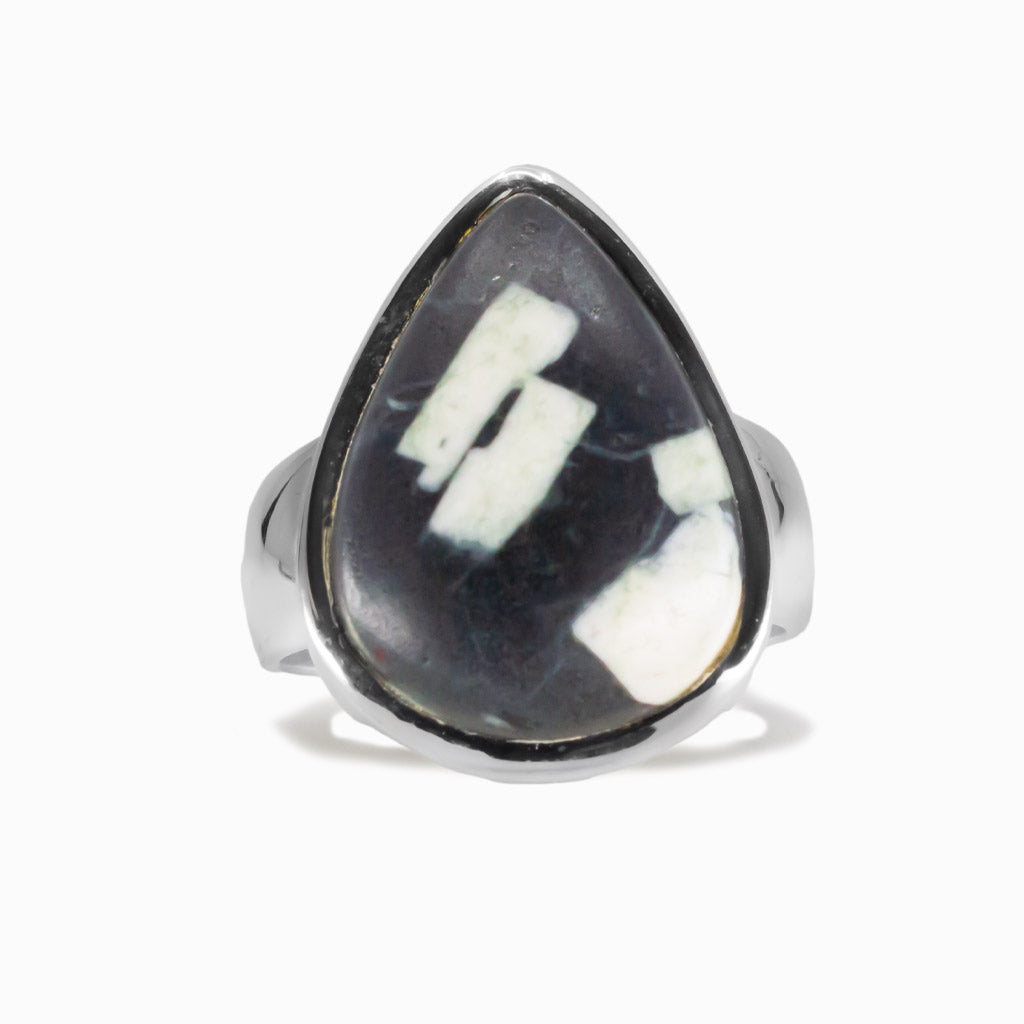 Tear shaped Chinese Writing Rock cabochon ring set in sterling silver with black patterned stone. MADE IN EARTH