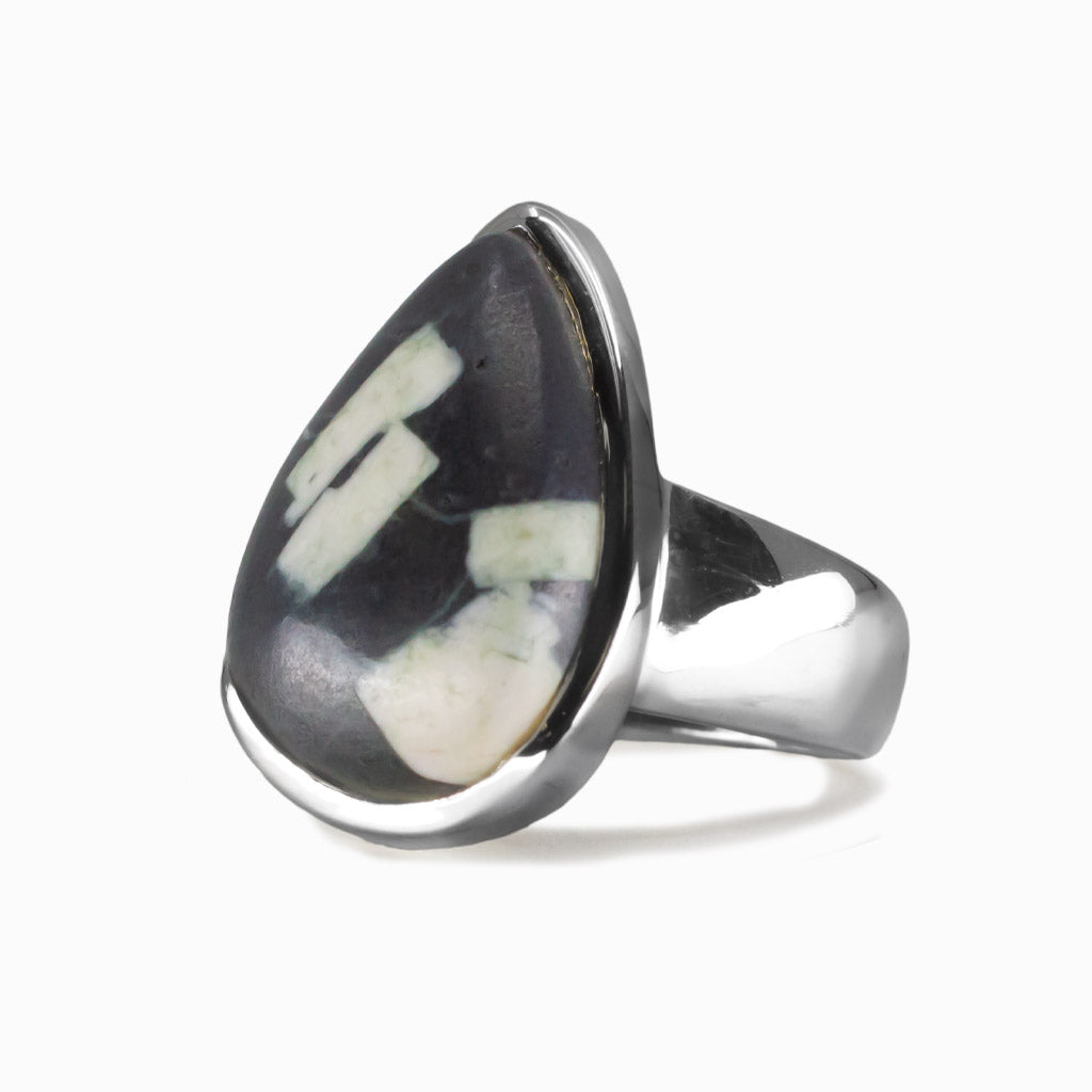 Tear shaped Chinese Writing Rock cabochon ring set in sterling silver with black patterned stone. MADE IN EARTH