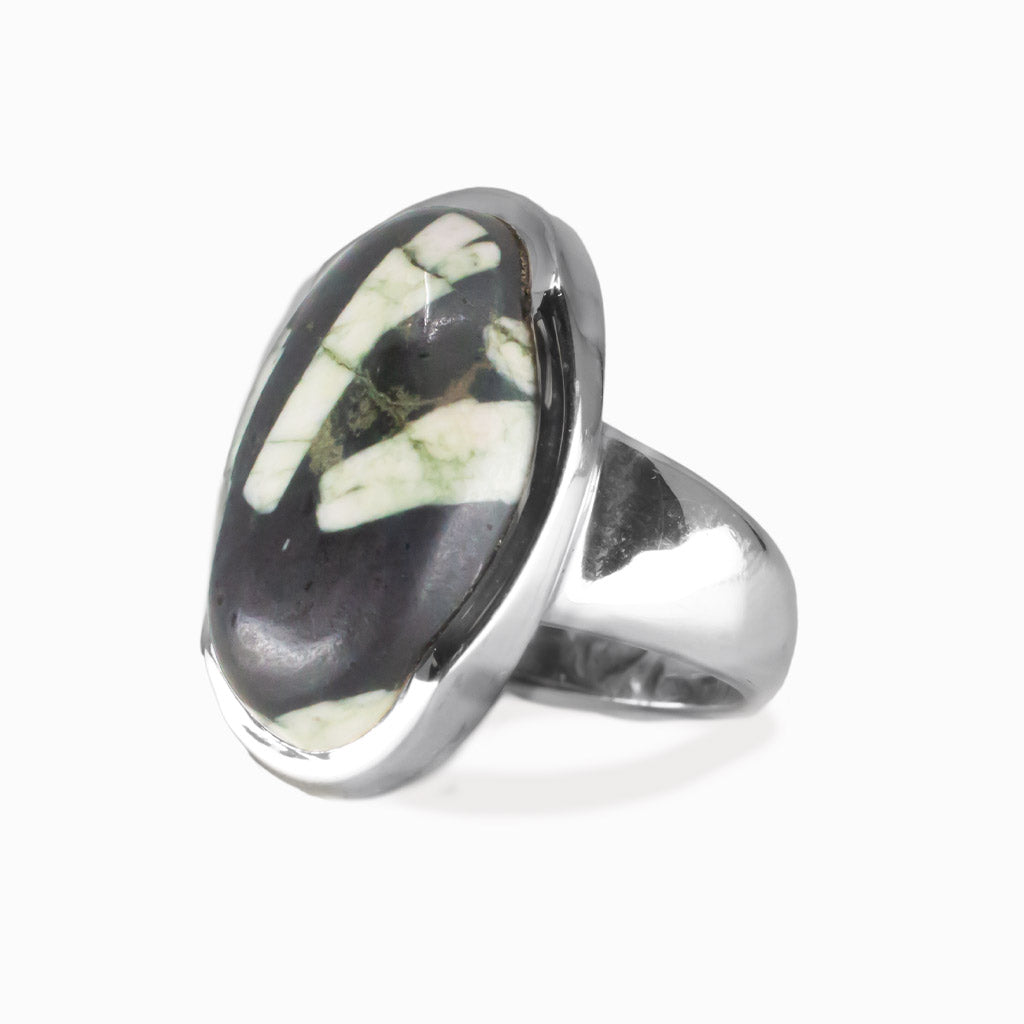Oval Chinese Writing Rock cabochon ring set in sterling silver with black patterned stone. MADE IN EARTH
