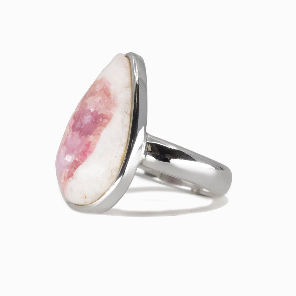 Tear shaped pink tourmaline cabochon ring set in sterling silver with pink gemstone SIDE PROFILE. MADE IN EARTH