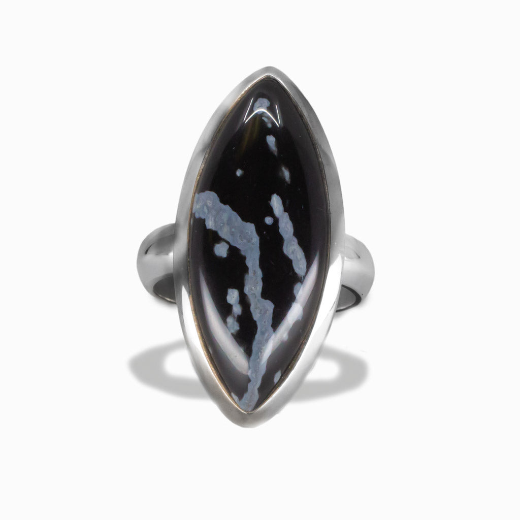 Marquise snowflake obsidian cabochon ring set in sterling silver with black and white stone. MADE IN EARTH