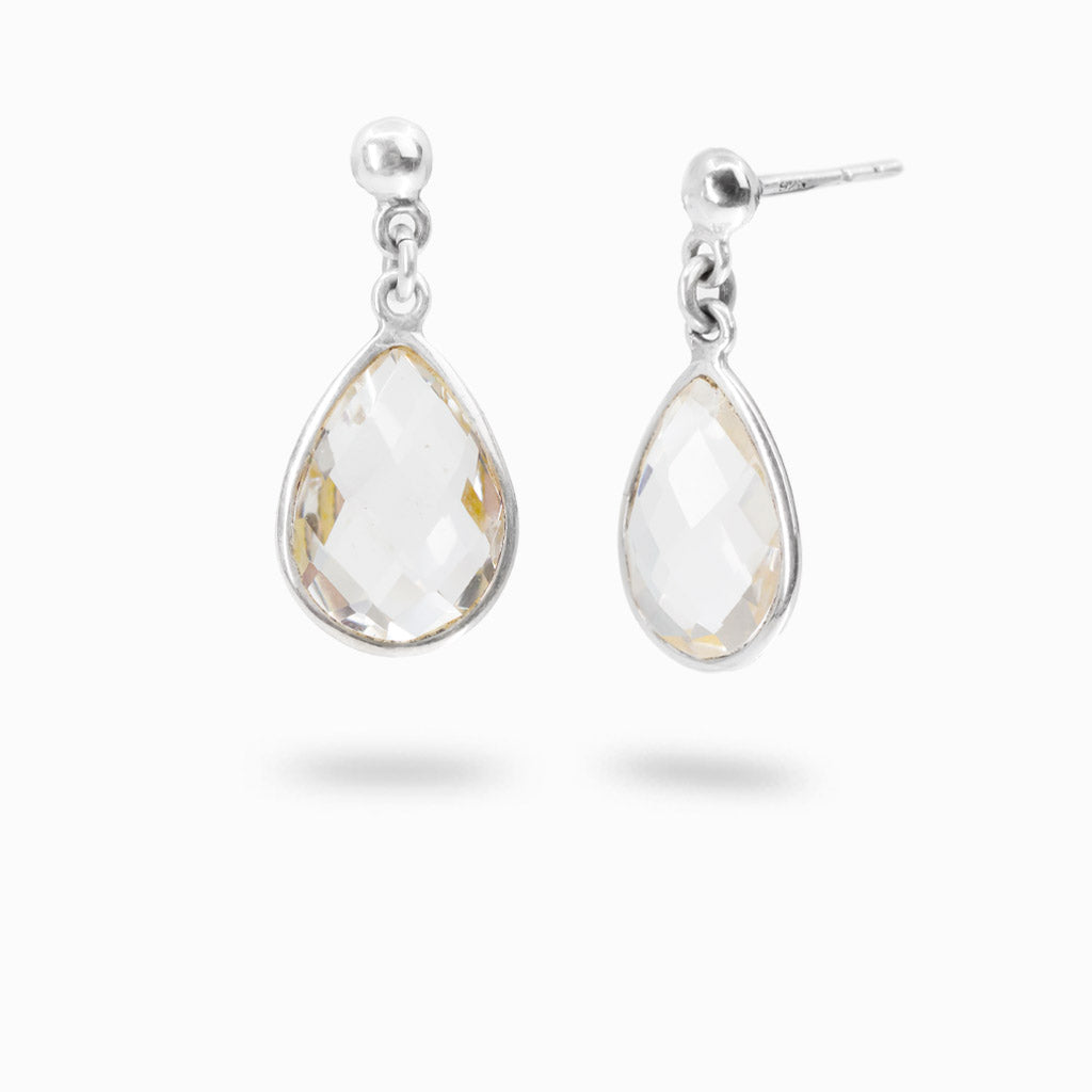 Faceted clear quartz drop earrings in sterling silver