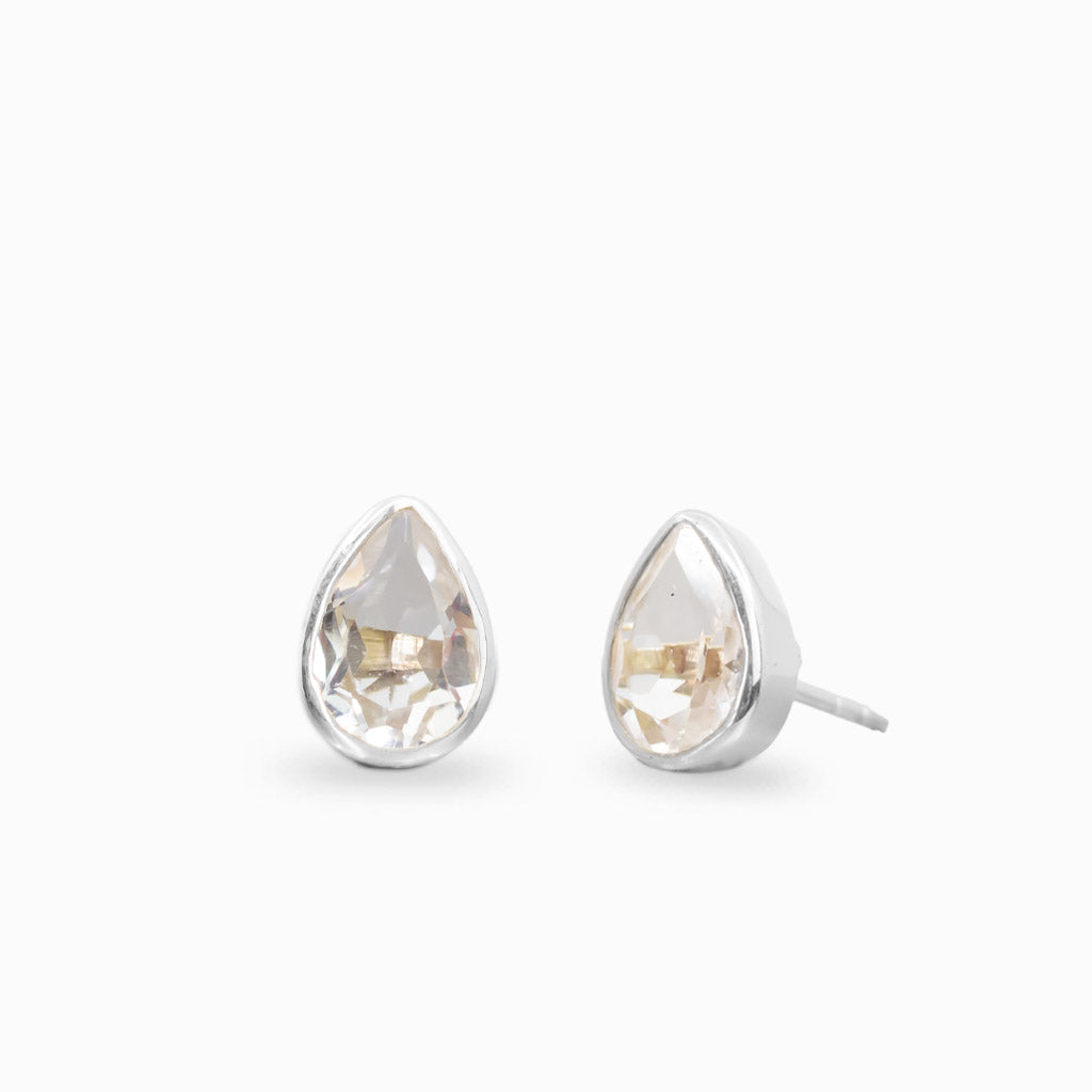 Clear quartz teardrop stud earrings in sterling silver