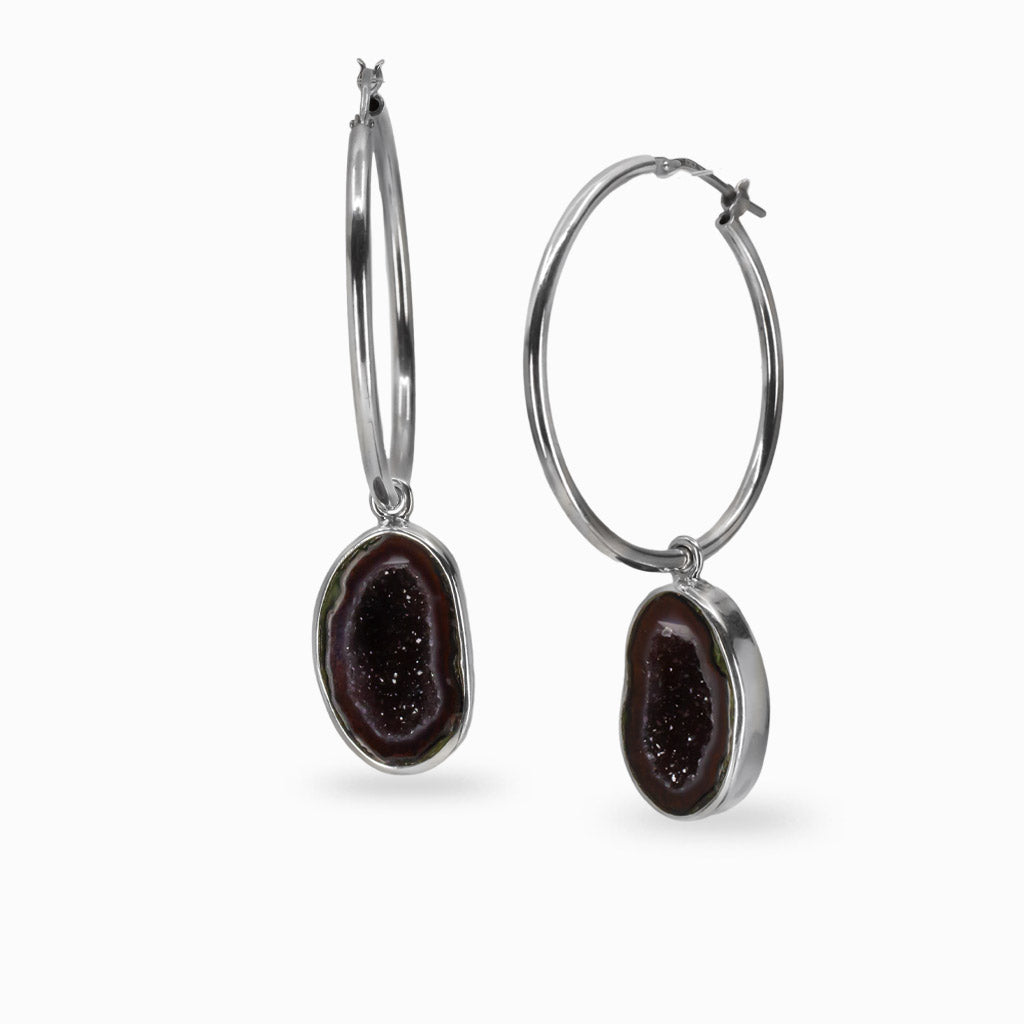 Raw agate geode hoop charms in sterling silver bezel hanging from hoop earrings