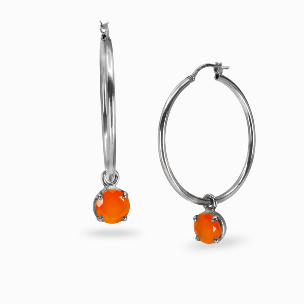 Faceted round carnelian gemstone hoop charms in sterling silver setting. MADE IN EARTH
