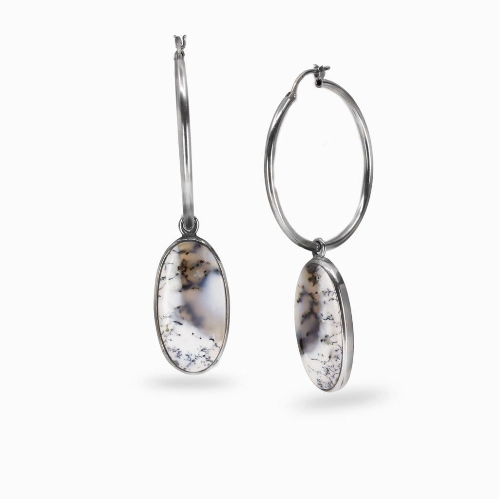 Oval dendritic opal hoop charms with natural fern-like inclusions in sterling silver. MADE IN EARTH