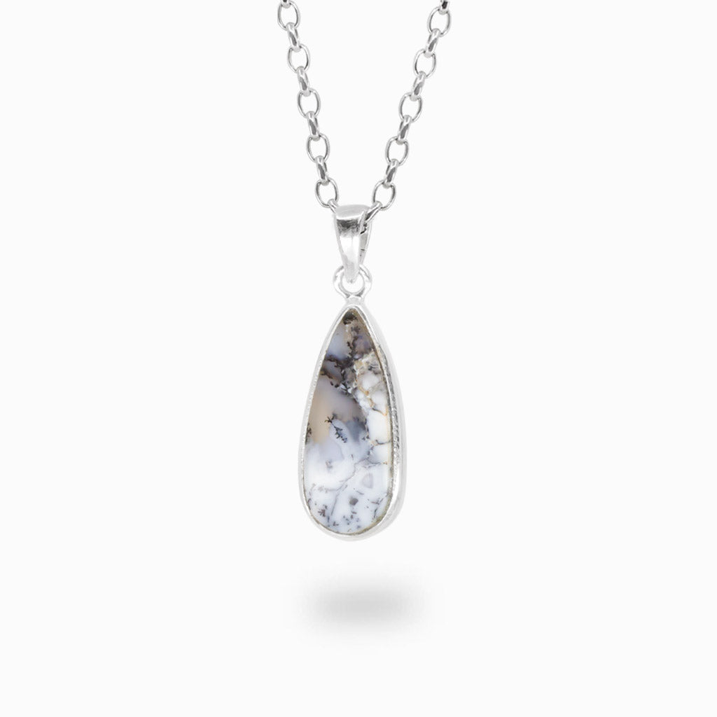 Dendritic opal teardrop cabochon necklace in sterling silver