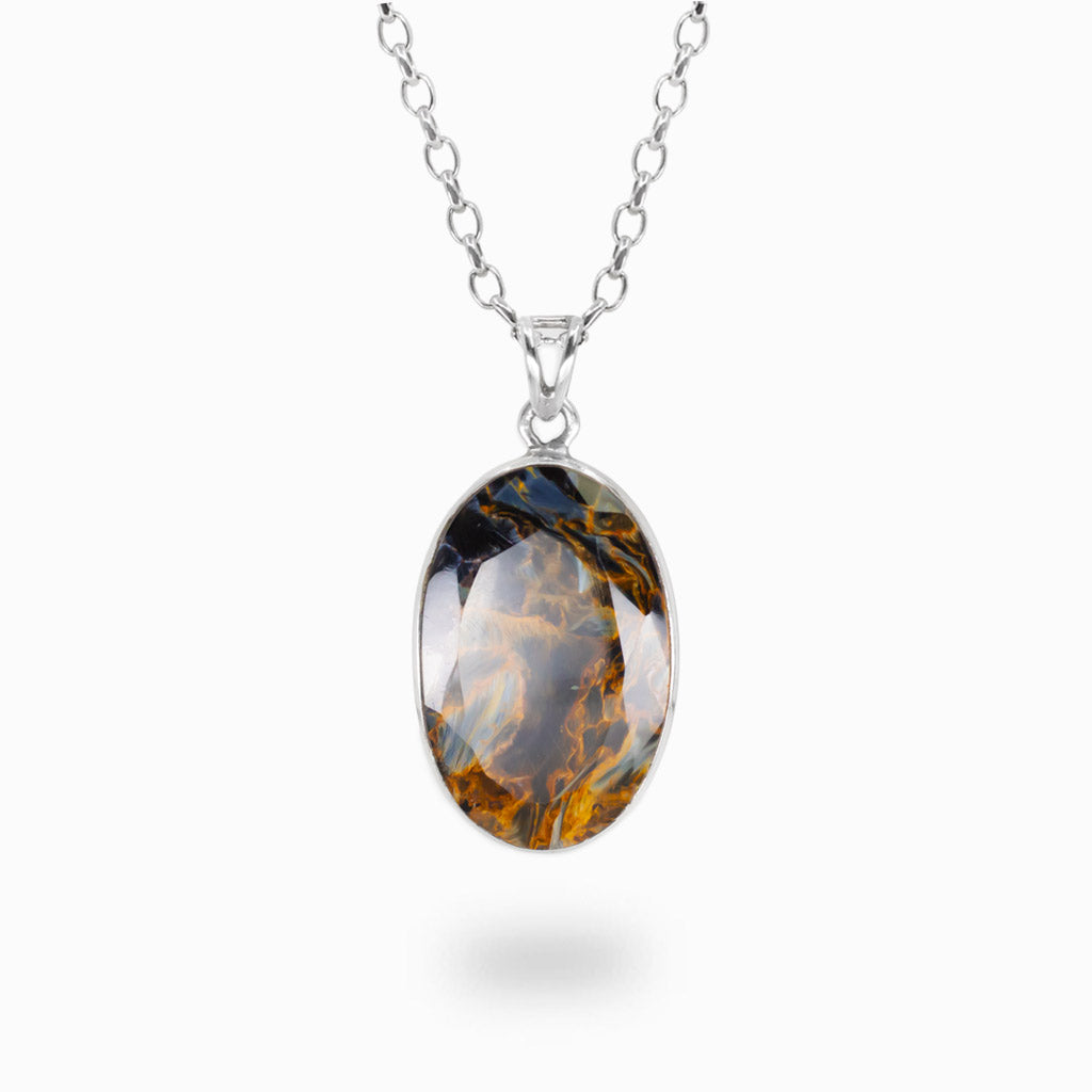 Faceted pietersite oval necklace in sterling silver