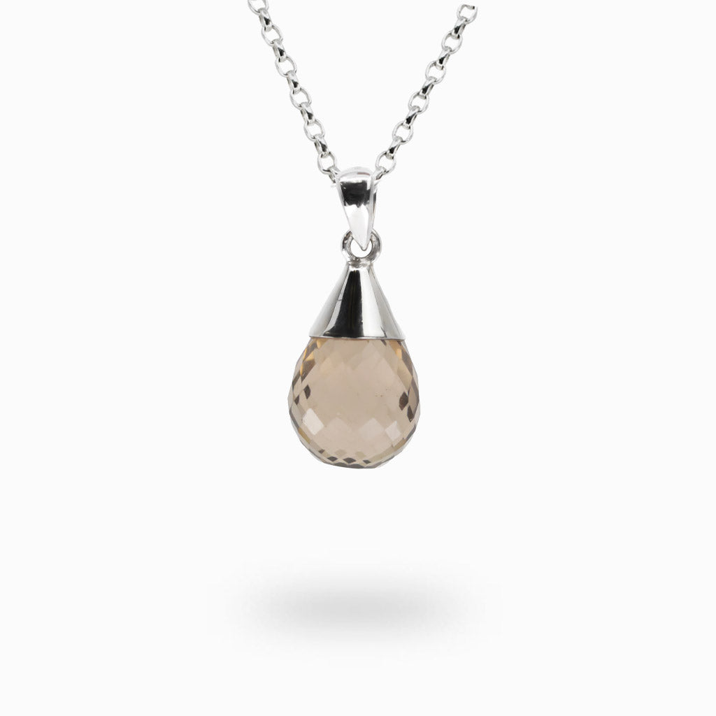 Faceted Smoky Quartz briolette pendant with sterling silver cap suspended from a sterling silver chain.