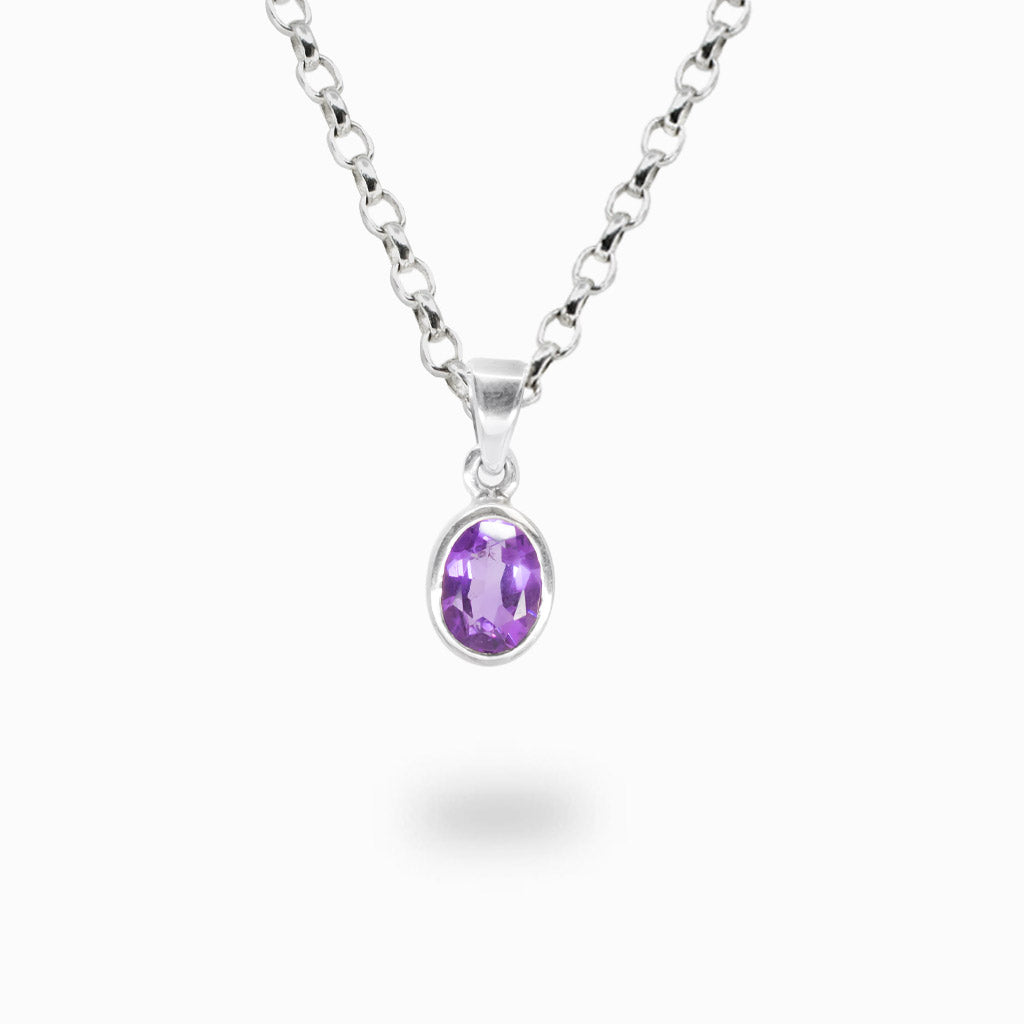 Faceted oval amethyst bezel pendant necklace in sterling silver