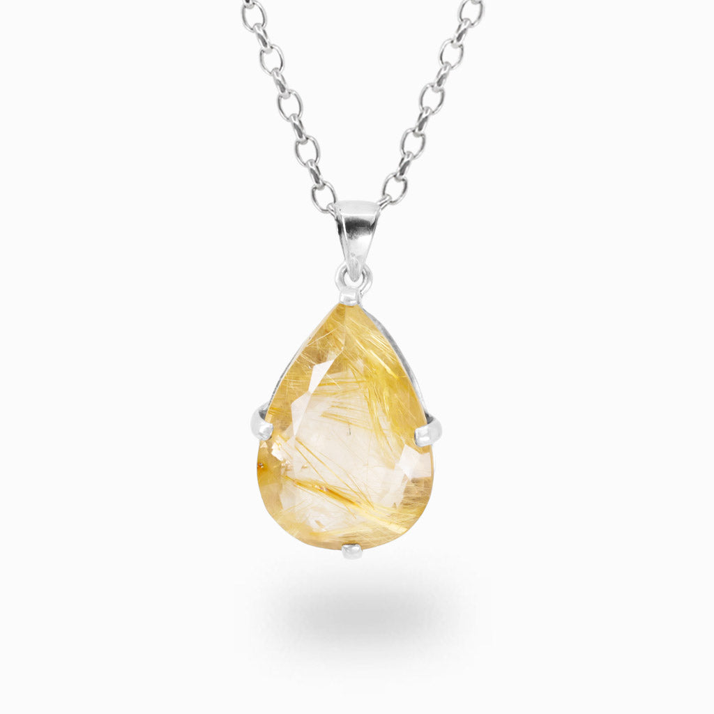 Faceted tear-shaped Golden Rutilated Quartz pendant necklace featuring natural golden needle inclusions within clear quartz.