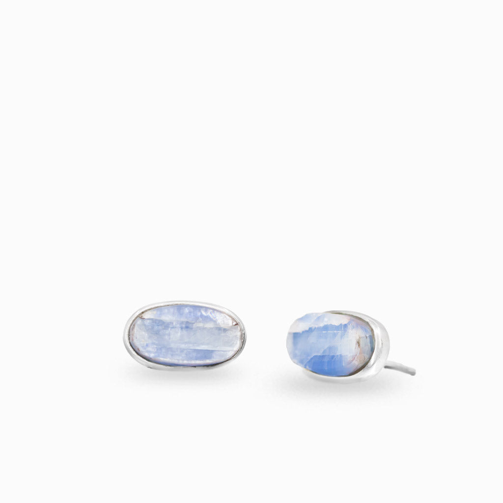 Raw Blue Kyanite crystal stud earrings set in sterling silver with natural blue mineral texture.