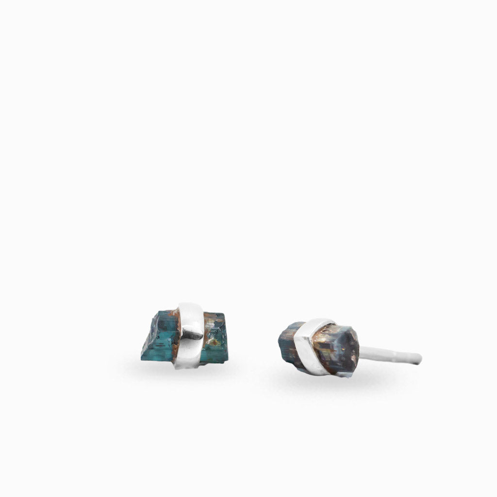 Raw Pencil Tourmaline crystal stud earrings in sterling silver featuring natural blue-green crystal formations.