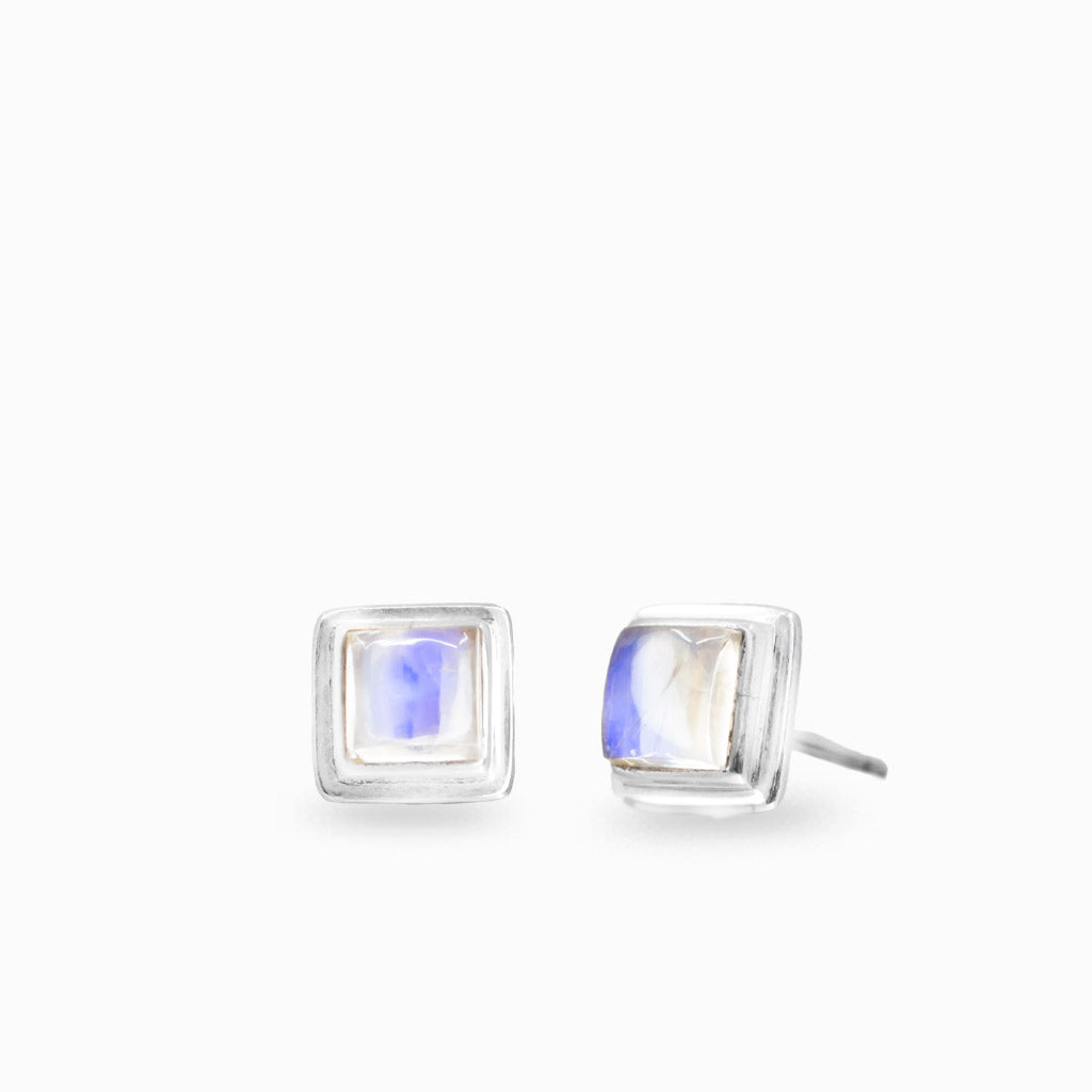 Square Rainbow Moonstone stud earrings in sterling silver with natural blue iridescent flash.