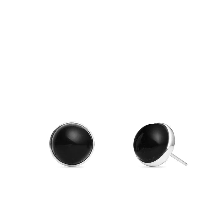 Round Black Onyx cabochon gemstones bezel set in polished sterling silver stud earrings
