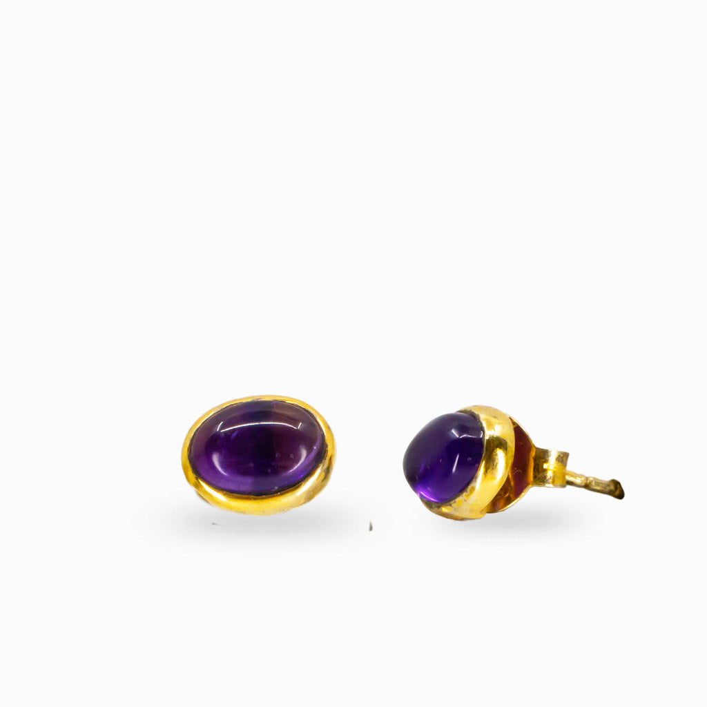 CABOCHON OVAL AMETHYST STUD EARRINGS WITH GOLD VERMEIL FINISH | MADE IN EARTH