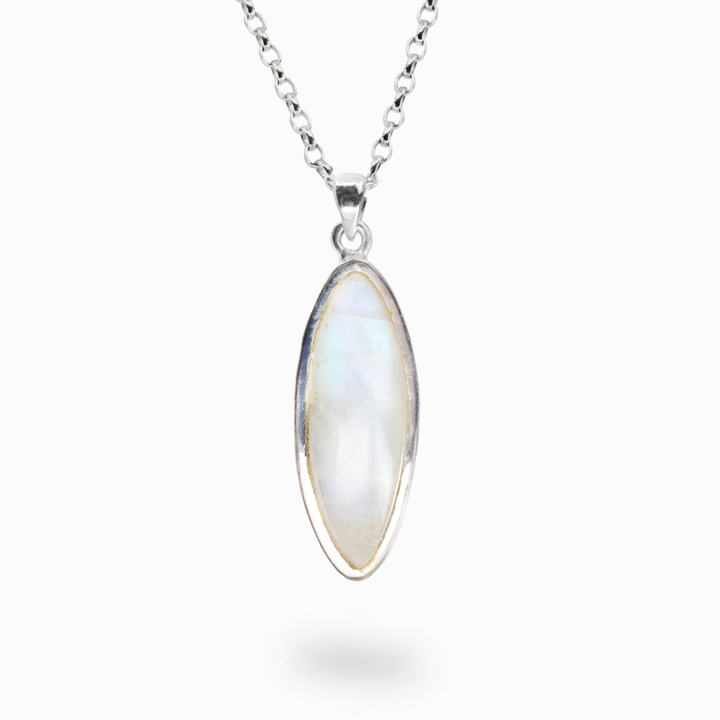 Necklace with a marquise-shaped moonstone pendant on a white background