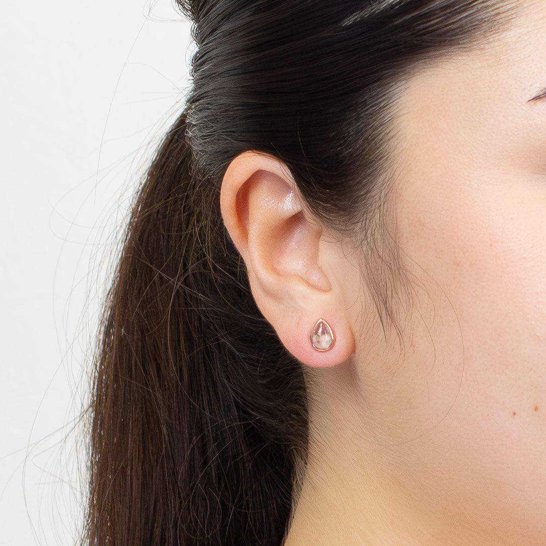 CABOCHON TEARDROP ROSE QUARTZ STUD EARRINGS | MADE IN EARTH 
