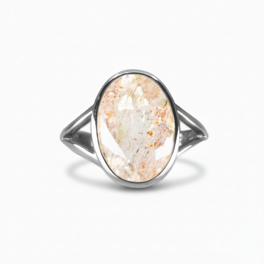 Oval Lepidocrocite-in-Quartz ring with fiery red and golden inclusions set in polished sterling silver | MADE IN EARTH USA