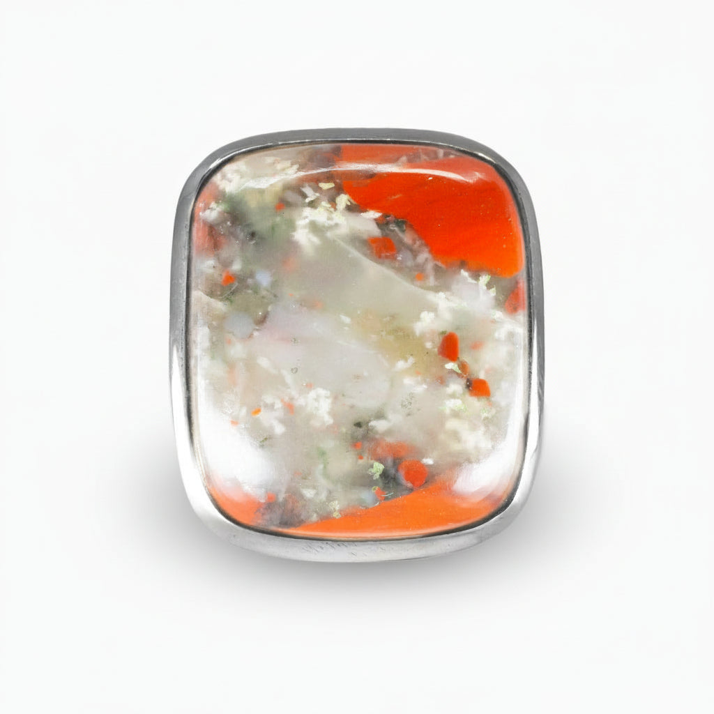 Rectangular Volcano Jasper ring with fiery red and earthy mineral patterns set in polished sterling silver on a white background. | MADE IN EARTH