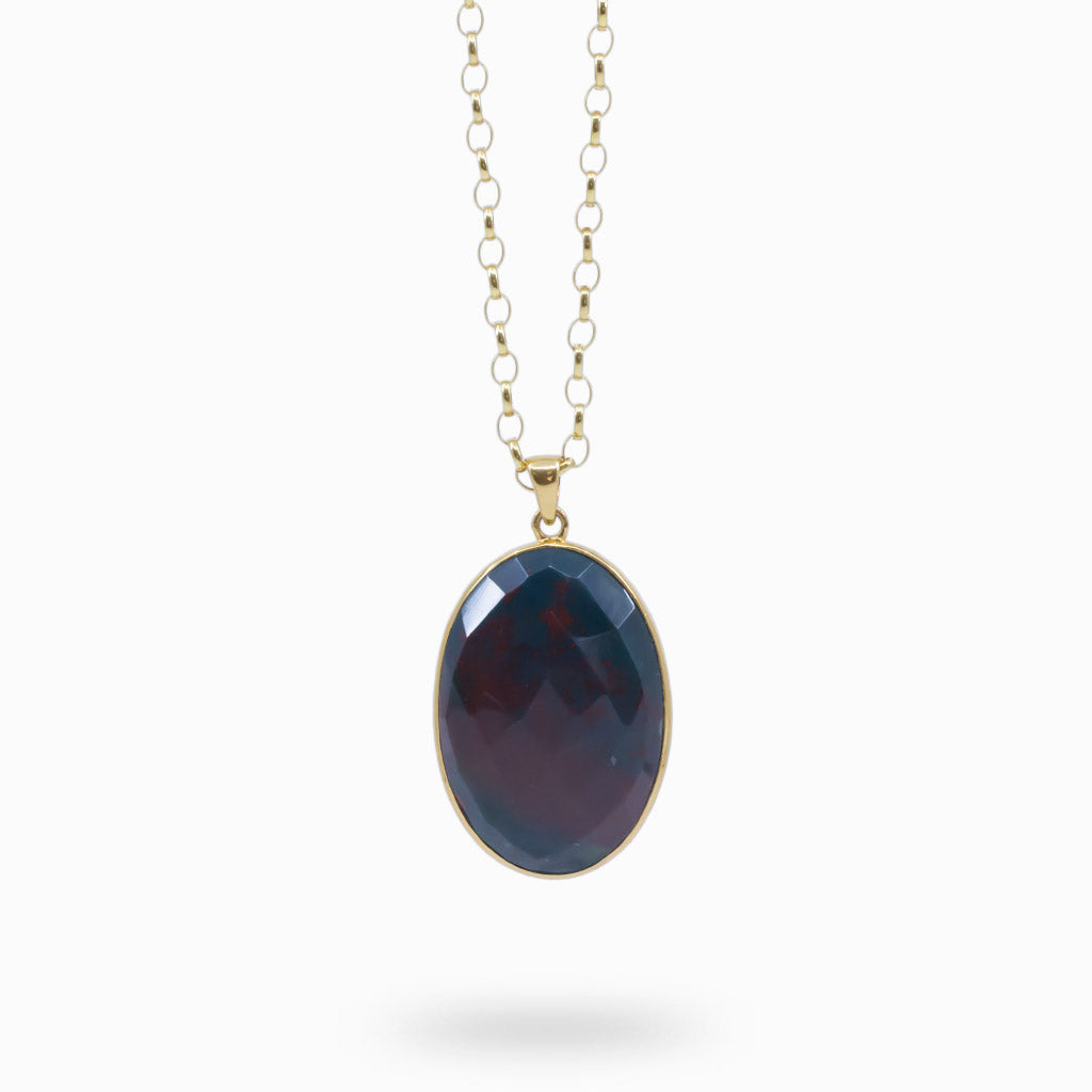 FACETED OVAL BLOODSTONE PENDANT WITH 14K YELLOW GOLD VERMEIL FINISH