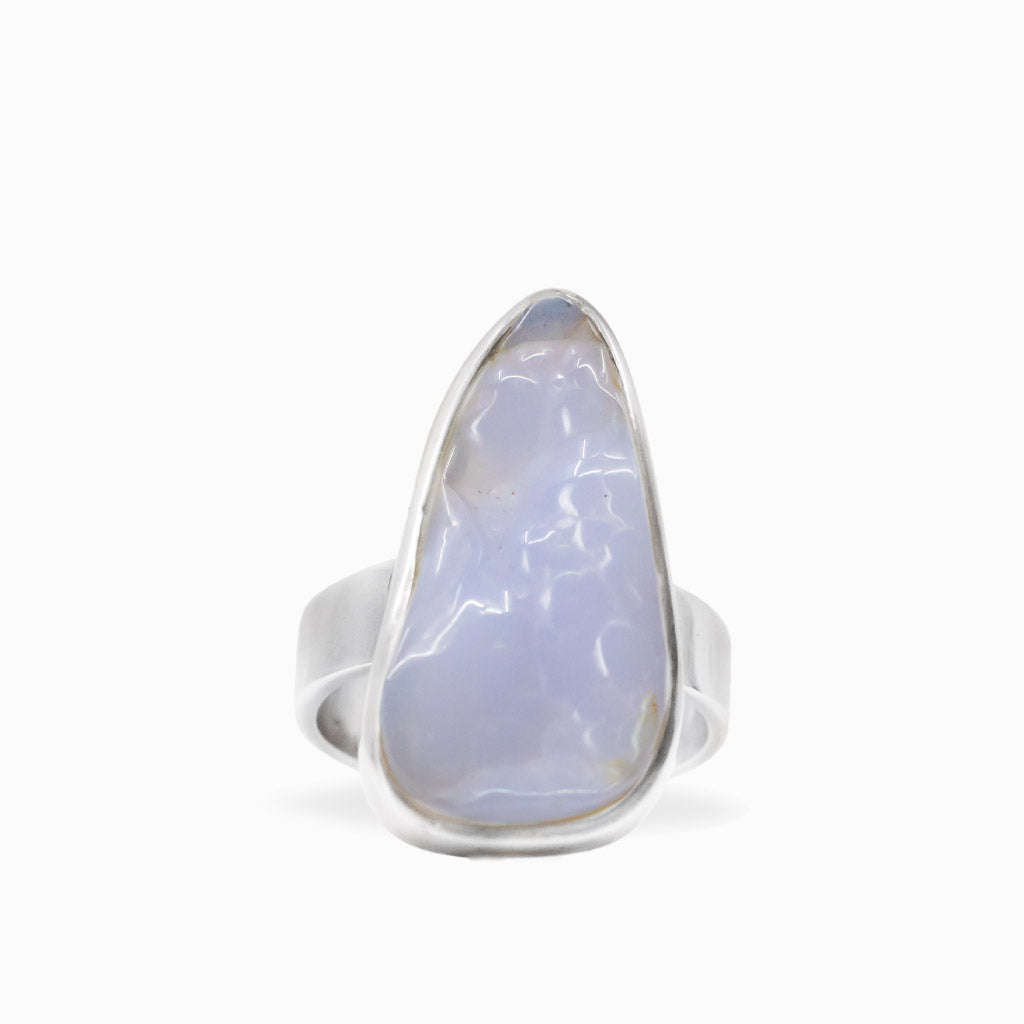 Elongated freeform blue-lavender Botryoidal Chalcedony ring in a polished 925 sterling silver bezel setting.